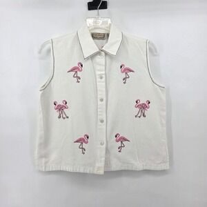 Life Style White Sleeveless Flamingo Embroidered Button Top Women XL Tropical